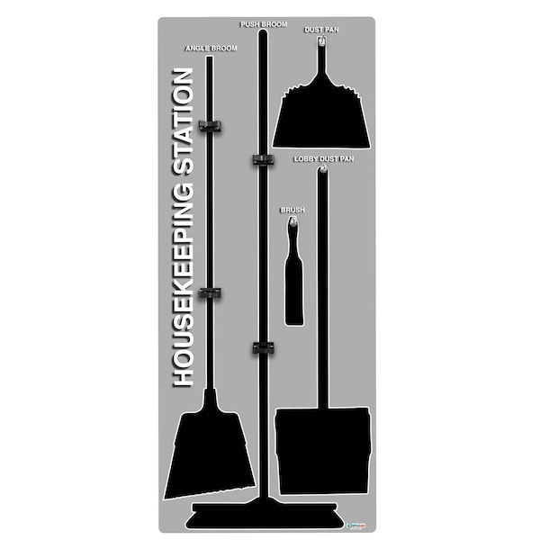 5S Supplies 5S Housekeeping Shadow Board Broom Station Version 1 - Gray Board / Black Shadows No Broom HSB-V1-GRAY/BLACK-BO - main